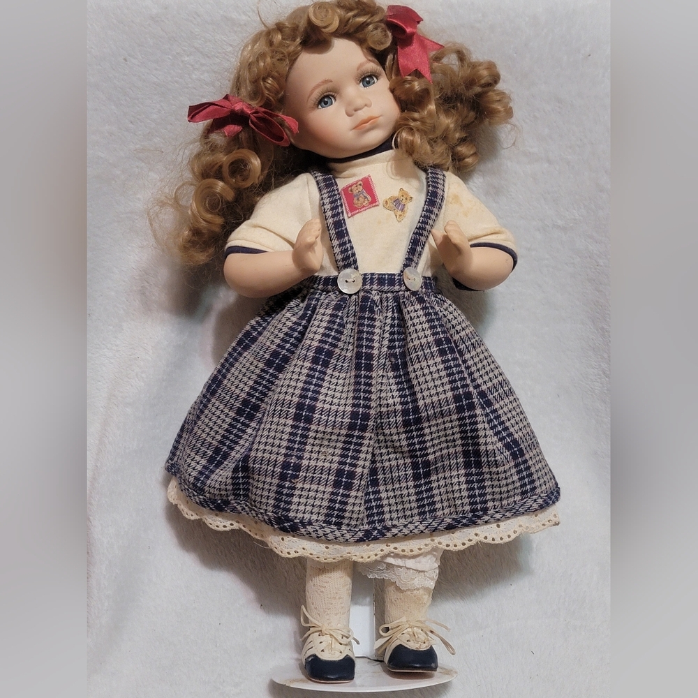 Vintage Porcelain Doll with Plaid School Girl Outfit